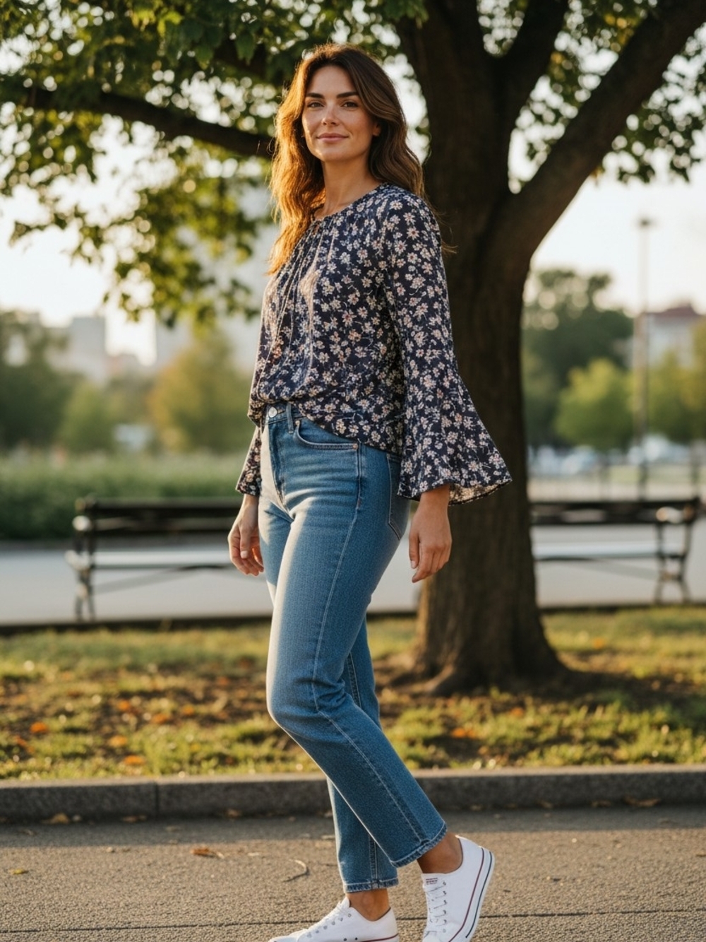 Lush Navy Floral Bell-Sleeve Blouse
